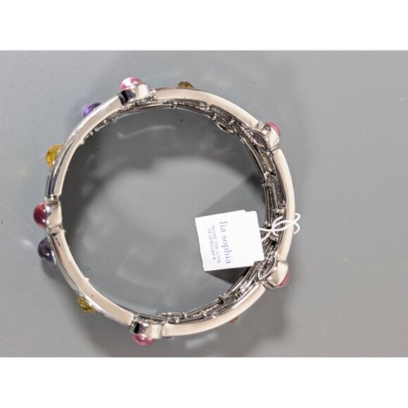 Lia Sophia Stacatto Bracelet Silver Tone Pink Purple Cab 7.5" Stretch - Picture 3 of 8